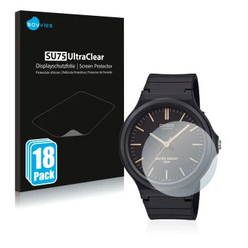 Parte frontal de un envase de producto con el logotipo de la marca Savvies. Al lado se muestra el dispositivo Casio Unisex MW-