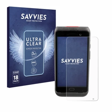 Parte frontal de un envase de producto con el logotipo de la marca Savvies. Al lado se muestra el dispositivo Honeywell CT40 X
