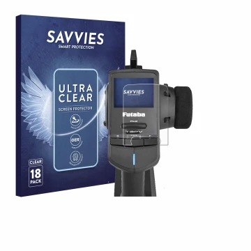 Parte frontal de un envase de producto con el logotipo de la marca Savvies. Al lado se muestra el dispositivo Futaba T3PV con 