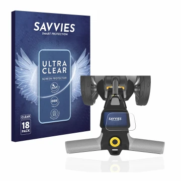 Parte frontal de un envase de producto con el logotipo de la marca Savvies. Al lado se muestra el dispositivo PowaKaddy CT6 co
