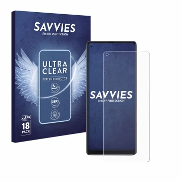 Parte frontal de un envase de producto con el logotipo de la marca Savvies. Al lado se muestra el dispositivo Cubot Max 3 con 