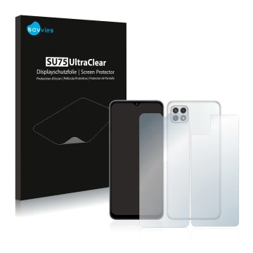 Parte frontal de un envase de producto con el logotipo de la marca Savvies. Al lado se muestra el dispositivo Samsung Galaxy A