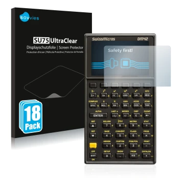 Parte frontal de un envase de producto con el logotipo de la marca Savvies. Al lado se muestra el dispositivo SwissMicros DM42