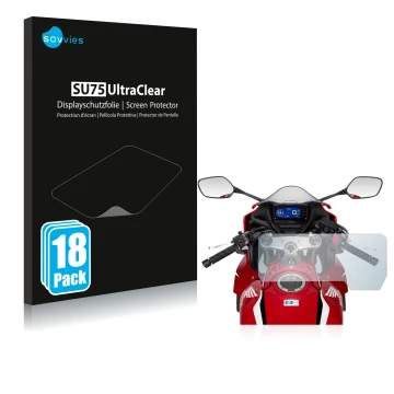 Parte frontal de un envase de producto con el logotipo de la marca Savvies. Al lado se muestra el dispositivo Honda CBR650R 20