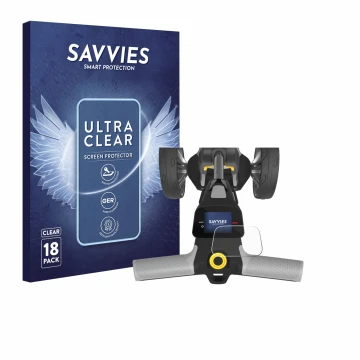 Parte frontal de un envase de producto con el logotipo de la marca Savvies. Al lado se muestra el dispositivo PowaKaddy CT6 GP