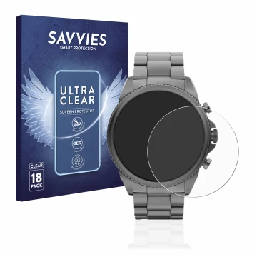 Parte frontal de un envase de producto con el logotipo de la marca Savvies. Al lado se muestra el dispositivo Fossil Gen 6 (44