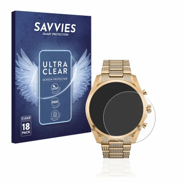 Parte frontal de un envase de producto con el logotipo de la marca Savvies. Al lado se muestra el dispositivo Michael Kors Acc