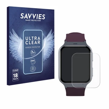 Parte frontal de un envase de producto con el logotipo de la marca Savvies. Al lado se muestra el dispositivo TCL Safety Watch