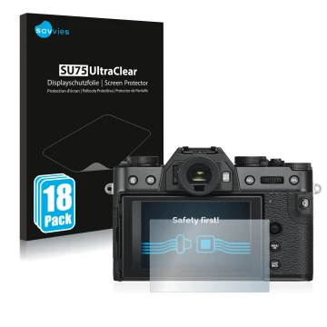 Parte frontal de un envase de producto con el logotipo de la marca Savvies. Al lado se muestra el dispositivo Fujifilm X-T30 l