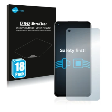 Parte frontal de un envase de producto con el logotipo de la marca Savvies. Al lado se muestra el dispositivo realme 8i con su