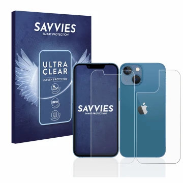Parte frontal de un envase de producto con el logotipo de la marca Savvies. Al lado se muestra el dispositivo Apple iPhone 13 