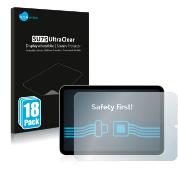 Parte frontal de un envase de producto con el logotipo de la marca Savvies. Al lado se muestra el dispositivo Apple iPad Mini 