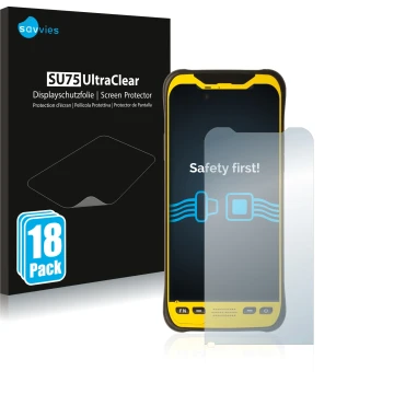 Parte frontal de un envase de producto con el logotipo de la marca Savvies. Al lado se muestra el dispositivo Trimble TDC600 c