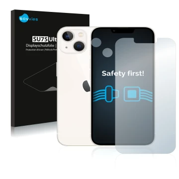 Parte frontal de un envase de producto con el logotipo de la marca Savvies. Al lado se muestra el dispositivo Apple iPhone 13 