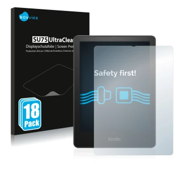 Parte frontal de un envase de producto con el logotipo de la marca Savvies. Al lado se muestra el dispositivo Amazon Kindle Pa