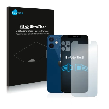 Parte frontal de un envase de producto con el logotipo de la marca Savvies. Al lado se muestra el dispositivo Apple iPhone 12 