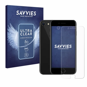 Parte frontal de un envase de producto con el logotipo de la marca Savvies. Al lado se muestra el dispositivo Apple iPhone SE 