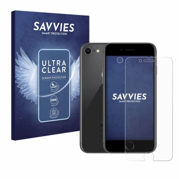 Parte frontal de un envase de producto con el logotipo de la marca Savvies. Al lado se muestra el dispositivo Apple iPhone 8 (
