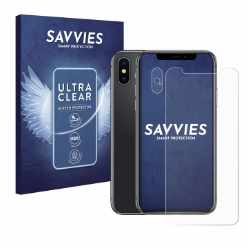 Parte frontal de un envase de producto con el logotipo de la marca Savvies. Al lado se muestra el dispositivo Apple iPhone X (