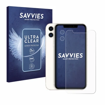 Parte frontal de un envase de producto con el logotipo de la marca Savvies. Al lado se muestra el dispositivo Apple iPhone 11 