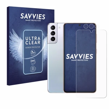 Parte frontal de un envase de producto con el logotipo de la marca Savvies. Al lado se muestra el dispositivo Samsung Galaxy S