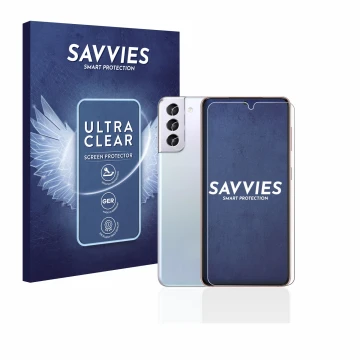 Parte frontal de un envase de producto con el logotipo de la marca Savvies. Al lado se muestra el dispositivo Samsung Galaxy S