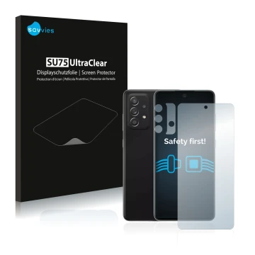 Parte frontal de un envase de producto con el logotipo de la marca Savvies. Al lado se muestra el dispositivo Samsung Galaxy A