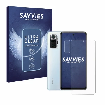 Parte frontal de un envase de producto con el logotipo de la marca Savvies. Al lado se muestra el dispositivo Xiaomi Redmi Not