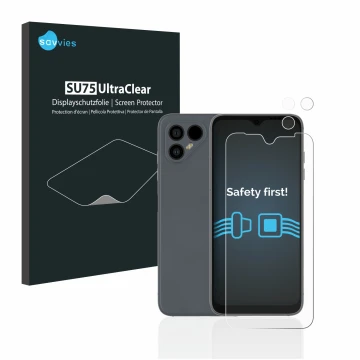 Parte frontal de un envase de producto con el logotipo de la marca Savvies. Al lado se muestra el dispositivo Fairphone 4 (Fro