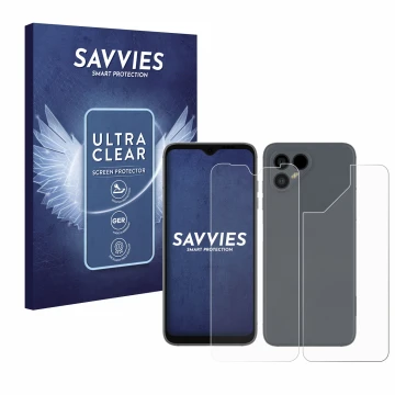 Parte frontal de un envase de producto con el logotipo de la marca Savvies. Al lado se muestra el dispositivo Fairphone 4 (Fro