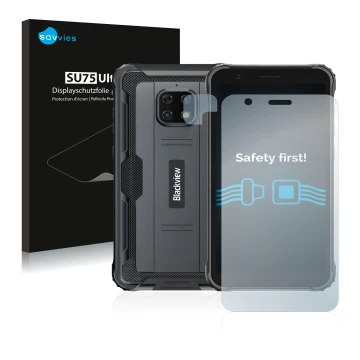 Parte frontal de un envase de producto con el logotipo de la marca Savvies. Al lado se muestra el dispositivo Blackview BV4900