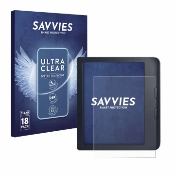 Parte frontal de un envase de producto con el logotipo de la marca Savvies. Al lado se muestra el dispositivo Kobo Libra 2 con