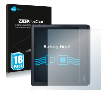 Parte frontal de un envase de producto con el logotipo de la marca Savvies. Al lado se muestra el dispositivo Kobo Sage con su