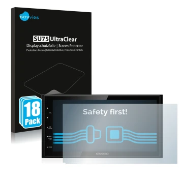 Parte frontal de un envase de producto con el logotipo de la marca Savvies. Al lado se muestra el dispositivo Kenwood DMX5020D