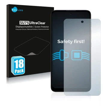 Parte frontal de un envase de producto con el logotipo de la marca Savvies. Al lado se muestra el dispositivo Motorola Moto E4