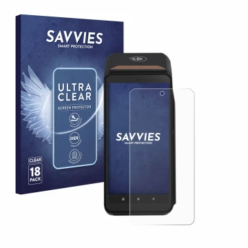 Parte frontal de un envase de producto con el logotipo de la marca Savvies. Al lado se muestra el dispositivo ingenico Axium D