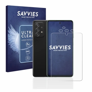 Parte frontal de un envase de producto con el logotipo de la marca Savvies. Al lado se muestra el dispositivo Samsung Galaxy A