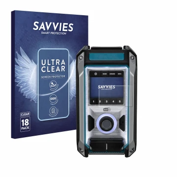 Parte frontal de un envase de producto con el logotipo de la marca Savvies. Al lado se muestra el dispositivo Makita DMR115 co