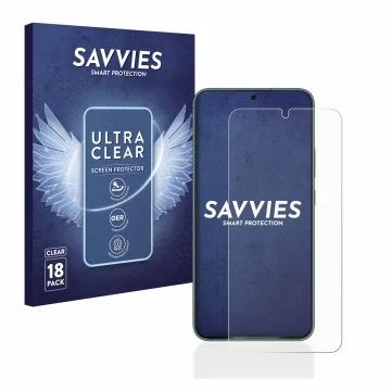 Parte frontal de un envase de producto con el logotipo de la marca Savvies. Al lado se muestra el dispositivo Samsung Galaxy S