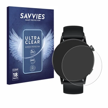 Parte frontal de un envase de producto con el logotipo de la marca Savvies. Al lado se muestra el dispositivo Huawei Watch GT 