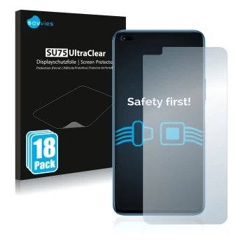 Parte frontal de un envase de producto con el logotipo de la marca Savvies. Al lado se muestra el dispositivo Honor 50 Lite co