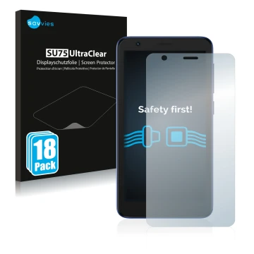 Parte frontal de un envase de producto con el logotipo de la marca Savvies. Al lado se muestra el dispositivo ZTE Blade L9 con