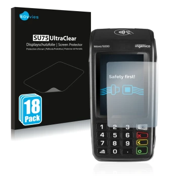 Parte frontal de un envase de producto con el logotipo de la marca Savvies. Al lado se muestra el dispositivo ingenico Move 50