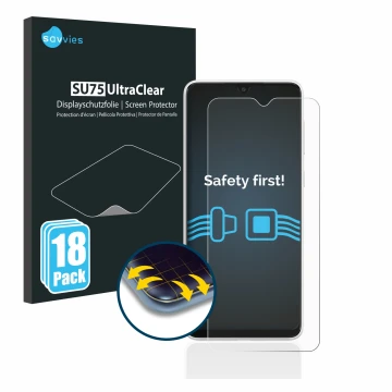 Parte frontal de un envase de producto con el logotipo de la marca Savvies. Al lado se muestra el dispositivo Samsung Galaxy A