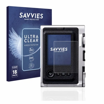 Parte frontal de un envase de producto con el logotipo de la marca Savvies. Al lado se muestra el dispositivo Fujifilm Instax 