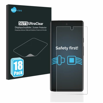 Parte frontal de un envase de producto con el logotipo de la marca Savvies. Al lado se muestra el dispositivo Google Pixel 6a 