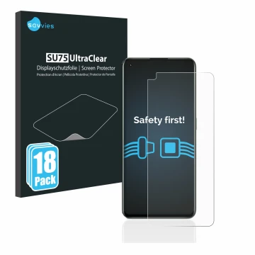 Parte frontal de un envase de producto con el logotipo de la marca Savvies. Al lado se muestra el dispositivo realme GT 2 Pro 