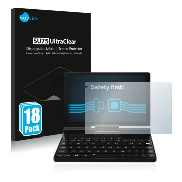 Parte frontal de un envase de producto con el logotipo de la marca Savvies. Al lado se muestra el dispositivo GPD Pocket 3 con