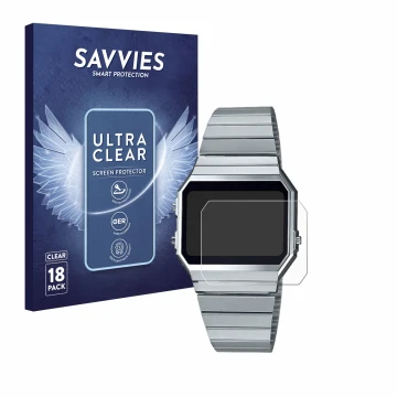 Parte frontal de un envase de producto con el logotipo de la marca Savvies. Al lado se muestra el dispositivo Casio A700WE con
