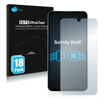 Parte frontal de un envase de producto con el logotipo de la marca Savvies. Al lado se muestra el dispositivo ZTE Blade A71 co